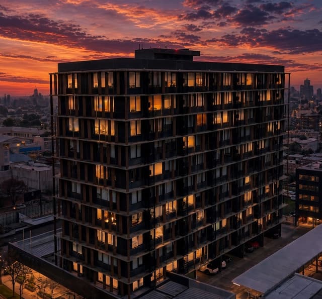 Edificio residencial al atardecer, con sus ventanas iluminadas sobre la ciudad